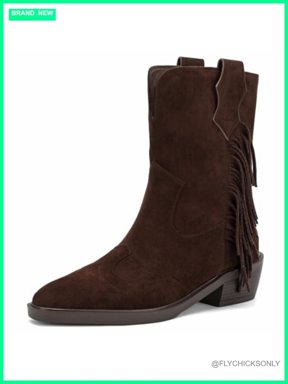 Faux Suede Fringe Western Mid-Calf Boots Pointed Toe Block Heel